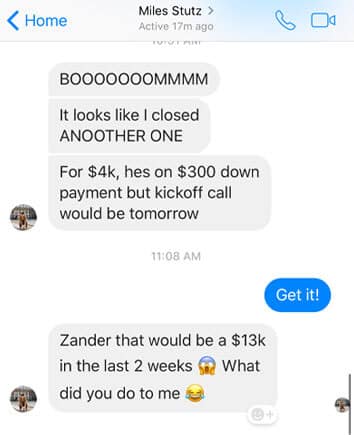 Zander Fryer's Client Miles Stutz text message about getting more clients and sales
