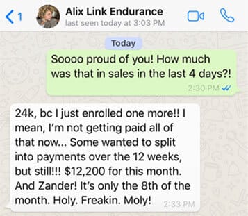 Zander Fryer's Client Alix Link Endurance text message about getting more clients and sales