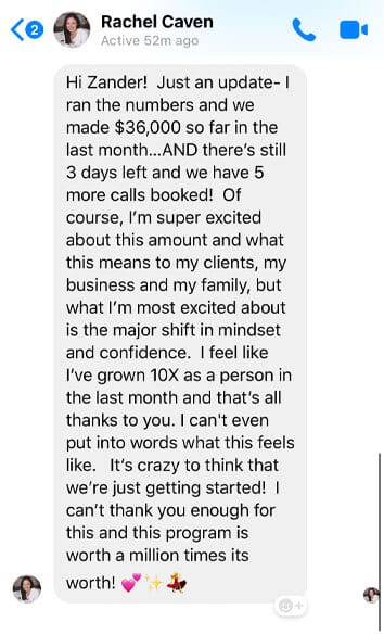 Zander Fryer's Client Rachel Caven text message about getting more clients and sales