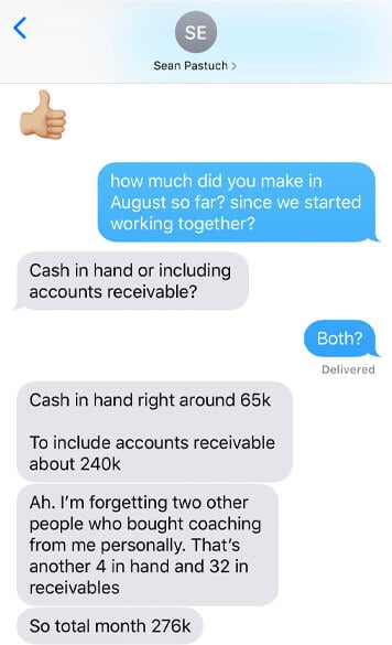 Zander Fryer's Client Sean Pastuch text message about getting more clients and sales