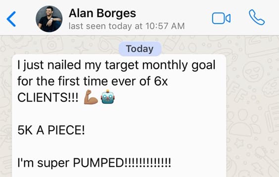Zander Fryer's Client Alan Borges text message about getting more clients and sales