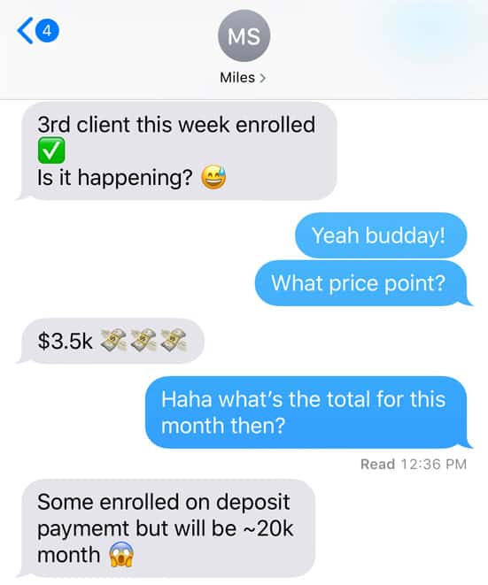 Zander Fryer's Client Miles text message about getting more clients