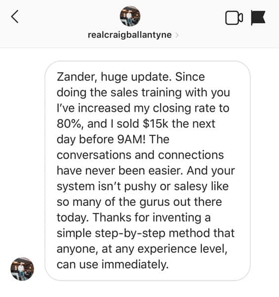 Zander Fryer's Client text message about getting more clients and sales