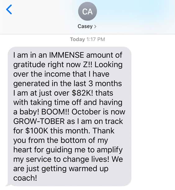 Zander Fryer's Client Casey text message about getting more clients and sales