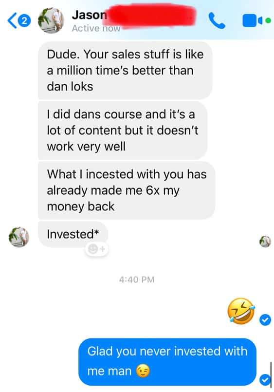 Zander Fryer's Client Jason text message about getting more clients and sales