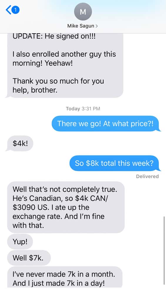 Zander Fryer's Client Mike Sagun text message about getting more clients and sales