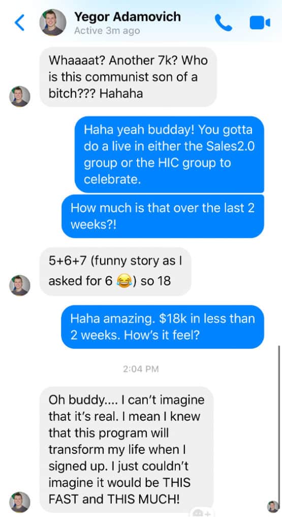 Zander Fryer's Client Yegor Adamovich text message about getting more clients and sales