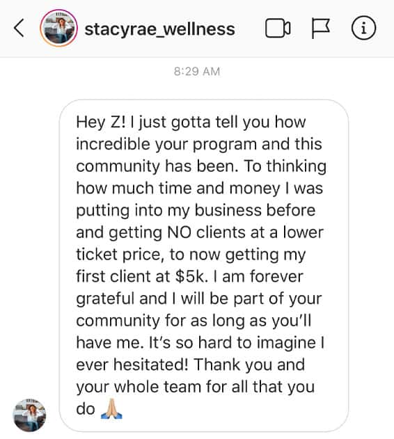 Zander Fryer's Client Stacy Rae Wellness text message about getting more clients and sales