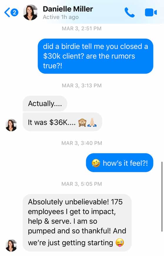 Zander Fryer's Client Danielle Miller text message about getting more clients and sales