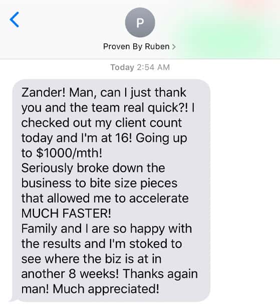 Zander Fryer's Client Proven By Buben text message about getting more clients and sales