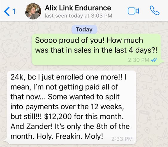 Zander Fryer's Client Alix Link Endurance text message about getting more clients and sales