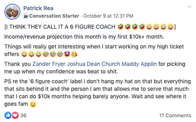 Zander Fryer's Client Patrick Rea text message about getting more clients and sales