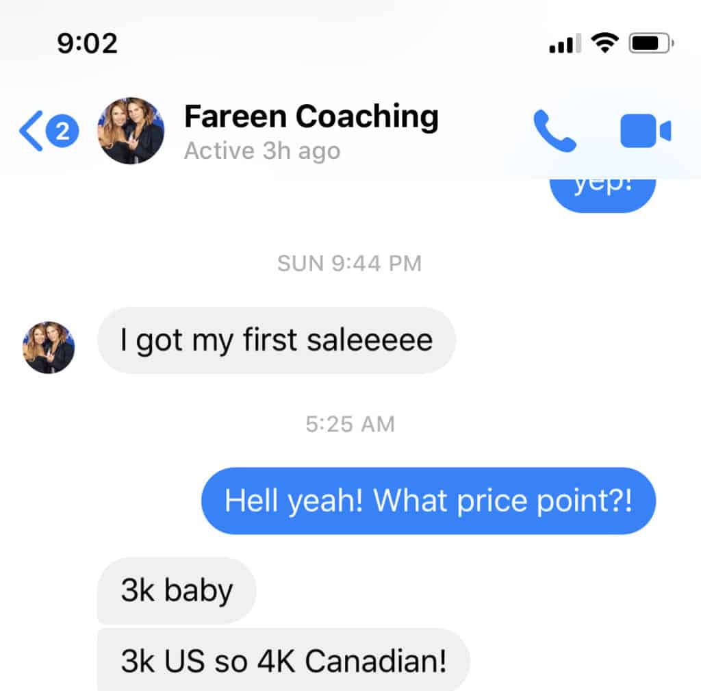 Zander Fryer's Client Fareen Coaching text message about getting more clients and sales
