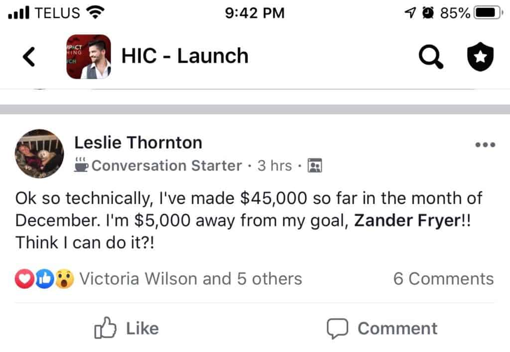 Zander Fryer's Client Leslie Thornton text message about getting more clients and sales